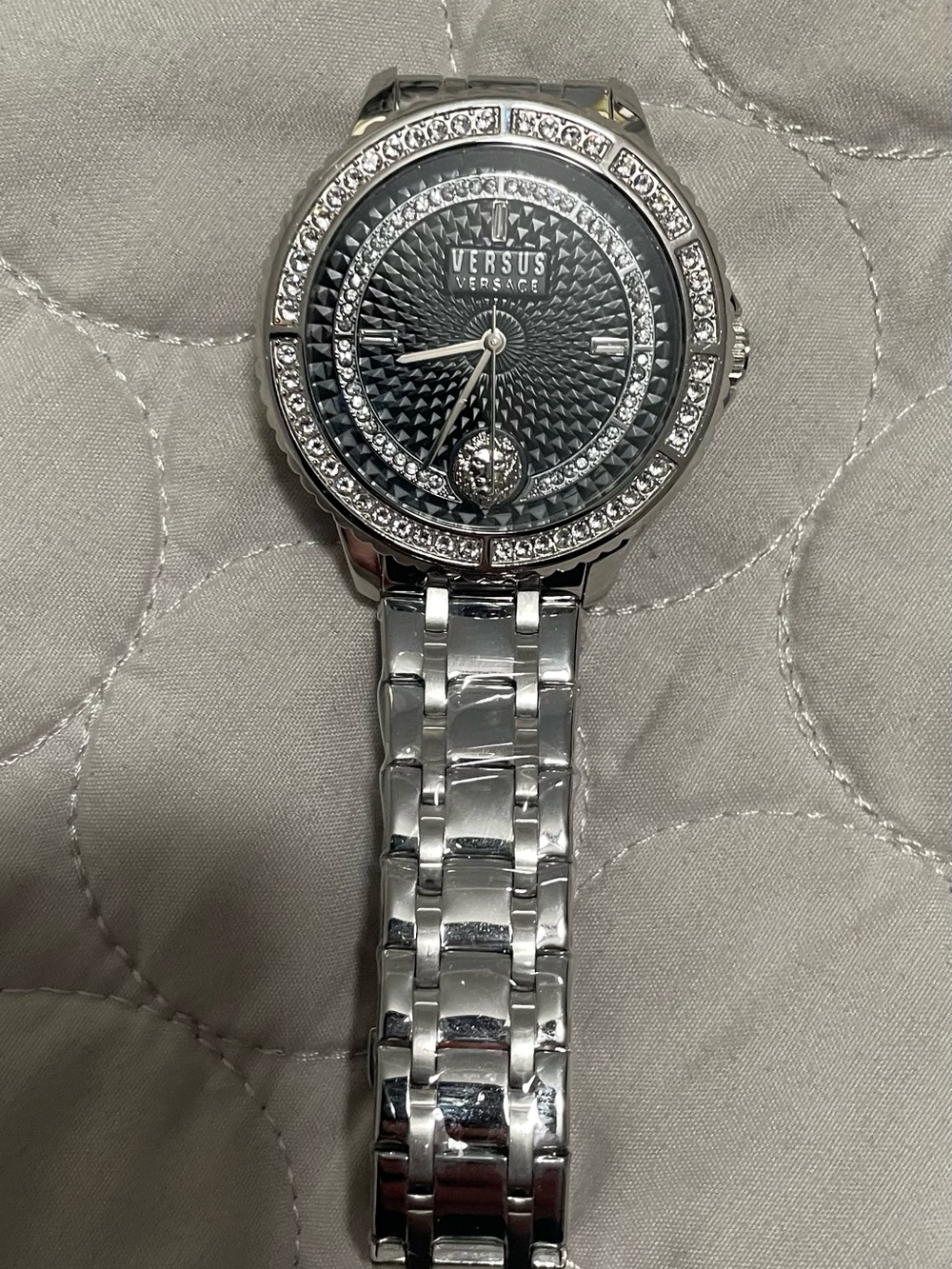 Versus Versace Silver Bracelet Watch with Black Dial and Crystal Accents